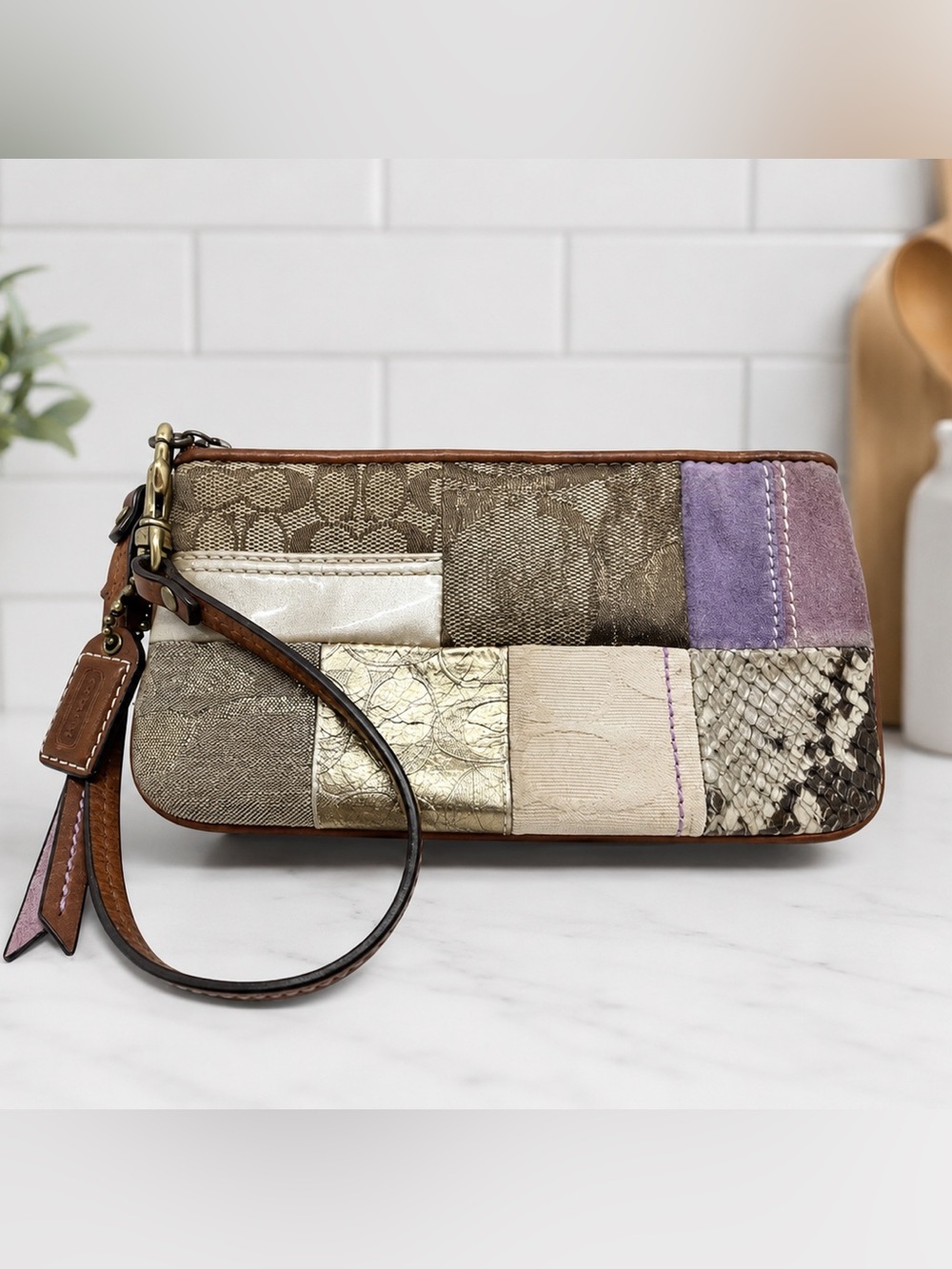 Coach Patchwork Signature Wristlet Brown Multi Snakeskin, Pink/Purple Suede
